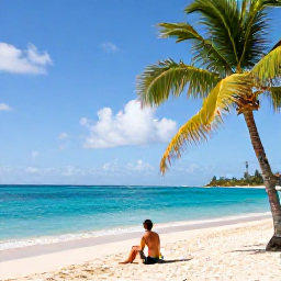 Caribbean Holidays, Barbados Solo Holidays, Solo traveller relaxing on a bright Barbados beach in February, with turquoise sea, golden sand and gently swaying palms