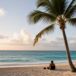 Caribbean Holidays, Barbados Solo Holidays, Solo traveller relaxing on a quiet Barbados beach in November, turquoise sea, soft sunlight and gently swaying palm trees
