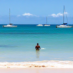 Caribbean Holidays, Barbados Solo Holidays, Solo traveller swimming in calm clear water at Carlisle Bay, Barbados, boats offshore and golden beach