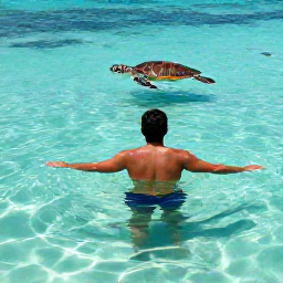 Caribbean Holidays, Barbados Solo Holidays, Solo traveller swimming in clear Caribbean water at Carlisle Bay, Barbados, with a sea turtle and colourful fish nearby