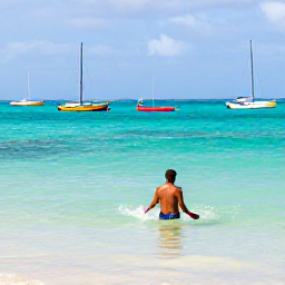 Caribbean Holidays, Barbados Solo Holidays, Solo traveller swimming in clear Caribbean water at Carlisle Bay Barbados with paddleboarders and colourful boats in the background