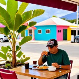 Caribbean Holidays, Barbados Solo Holidays, Solo visitor enjoying breakfast at a relaxed Barbados caf&eacute; beside a colourful street, tropical plants and friendly local atmosphere