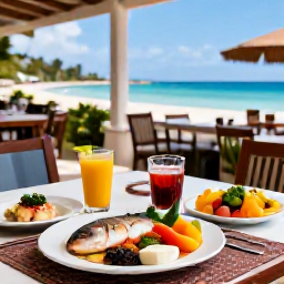 Caribbean Holidays, Barbados Spa Breaks, A colourful healthy Caribbean lunch at an open-air Barbados restaurant, with fresh fish, tropical fruit and a sea view