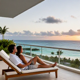 Caribbean Holidays, Barbados Spa Breaks, A couple relaxing on a Barbados hotel balcony at sunset, overlooking the Caribbean Sea with soft evening light