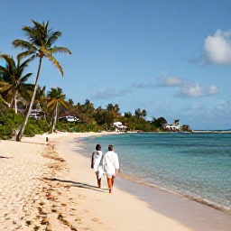 Caribbean Holidays, Barbados Spa Breaks, A couple walking beside the calm west coast of Barbados after a spa treatment, with golden sand, clear water and swaying palms
