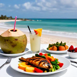 Caribbean Holidays, Barbados Spa Breaks, A healthy Caribbean lunch on a Barbados terrace overlooking the sea, with fresh fruit, grilled fish, colourful vegetables and coconut water