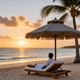 Caribbean Holidays, Barbados Spa Breaks, A peaceful Barbados beach at sunset with a spa guest relaxing in a lounger, soft evening light and warm tropical colours