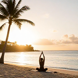 Caribbean Holidays, Barbados Spa Breaks, A quiet sandy beach on Barbados with a guest practising yoga at sunrise, calm sea, palm trees and warm golden light