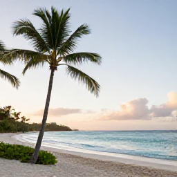 Caribbean Holidays, Barbados Spa Breaks, A tranquil Barbados beach at sunrise in November, with palm trees, calm turquoise water and a discreet luxury spa atmosphere