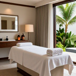 Caribbean Holidays, Barbados Spa Breaks, An elegant Barbados spa resort treatment room with natural light, tropical greenery, fresh towels and a calm neutral interior