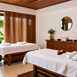 Caribbean Holidays, Barbados Spa Breaks, Bright modern spa interior in Barbados with massage beds, natural wood and tropical plants
