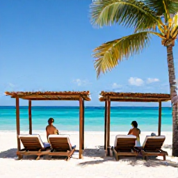 Caribbean Holidays, Barbados Spa Breaks, Couple enjoying a peaceful beachfront spa day in Barbados, shaded loungers, palm trees and turquoise Caribbean sea