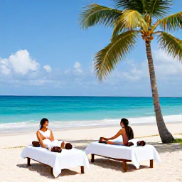 Caribbean Holidays, Barbados Spa Breaks, Couple enjoying a peaceful spa day beside a turquoise Barbados beach with palm trees