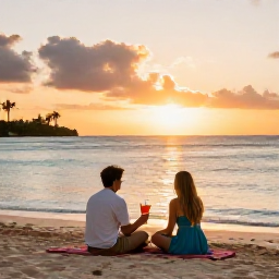 Caribbean Holidays, Barbados Spa Breaks, Couple enjoying a sunset drink on a Barbados beach near a stylish hotel, golden light and calm Caribbean sea