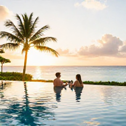 Caribbean Holidays, Barbados Spa Breaks, Couple relaxing beside a Barbados infinity pool at sunset with palm trees and a calm Caribbean sea