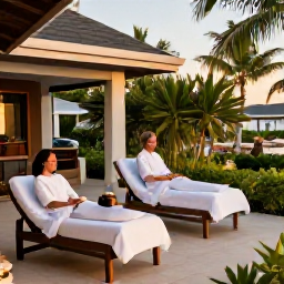 Caribbean Holidays, Barbados Spa Breaks, Couple relaxing on a stylish Barbados resort terrace after a spa treatment, with tropical greenery and warm evening light