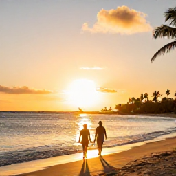 Caribbean Holidays, Barbados Spa Breaks, Couple walking along a quiet Barbados beach at sunset, with golden light, calm water and palm trees