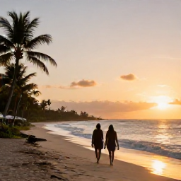 Caribbean Holidays, Barbados Spa Breaks, Couple walking along a quiet sandy Barbados beach at sunset after a spa treatment, with gentle waves and palm trees