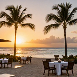 Caribbean Holidays, Barbados Spa Breaks, Elegant Barbados beach resort at sunset with palm trees, outdoor dining and calm Caribbean sea