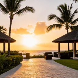 Caribbean Holidays, Barbados Spa Breaks, Elegant Barbados resort spa at sunset with palm trees and warm Caribbean light