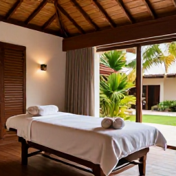 Caribbean Holidays, Barbados Spa Breaks, Elegant Barbados spa resort interior with massage beds, natural wood, fresh towels and tropical garden views