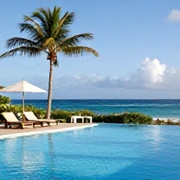 Caribbean Holidays, Barbados Spa Breaks, Elegant Barbados spa resort pool overlooking the Caribbean Sea, with loungers, palm trees and a calm blue sky