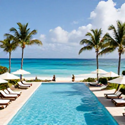 Caribbean Holidays, Barbados Spa Breaks, Elegant Barbados spa resort pool overlooking the sea, palm trees, sun loungers and a relaxed January afternoon