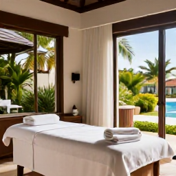 Caribbean Holidays, Barbados Spa Breaks, Elegant Barbados spa resort treatment room with natural light, massage table, white towels and tropical garden views