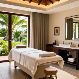 Caribbean Holidays, Barbados Spa Breaks, Elegant Barbados spa resort treatment room with natural light, tropical greenery and calming neutral colours