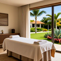 Caribbean Holidays, Barbados Spa Breaks, Elegant Barbados spa resort with a treatment room, natural textures, soft towels and views of lush tropical gardens