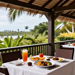 Caribbean Holidays, Barbados Spa Breaks, Fresh tropical spa lunch and herbal drink on a shaded terrace in Barbados, surrounded by greenery and soft natural light
