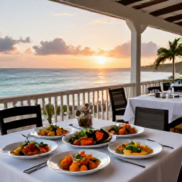 Caribbean Holidays, Barbados Spa Breaks, Friendly Barbados seaside restaurant at sunset in October, serving fresh fish and colourful Caribbean dishes on an open terrace