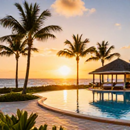 Caribbean Holidays, Barbados Spa Breaks, Luxurious Barbados beach resort at sunset with palm trees, inviting pool and warm evening light