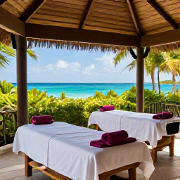 Caribbean Holidays, Barbados Spa Breaks, Open-air Barbados spa pavilion with massage beds, greenery and views towards a turquoise sea