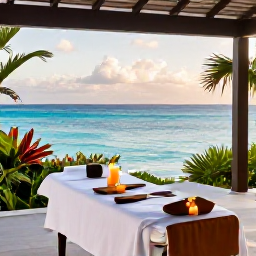 Caribbean Holidays, Barbados Spa Breaks, Outdoor spa terrace in Barbados overlooking a calm turquoise sea, with a treatment bed, candles and tropical foliage