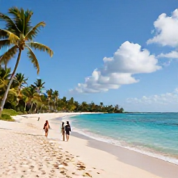 Caribbean Holidays, Barbados Spa Breaks, Peaceful Barbados beach in October with calm turquoise water, golden sand, palm trees and a couple walking along the shoreline
