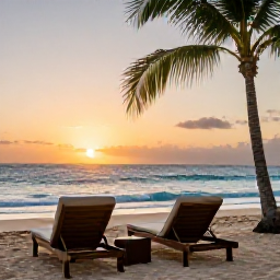 Caribbean Holidays, Barbados Spa Breaks, Quiet Barbados beach at sunset with two comfortable loungers, palm trees and a peaceful wellness holiday atmosphere