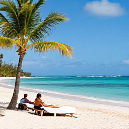 Caribbean Holidays, Barbados Spa Breaks, Quiet golden beach on Barbados with palm trees, calm turquoise water and a couple relaxing after a spa treatment