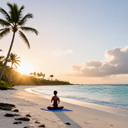 Caribbean Holidays, Barbados Spa Breaks, Quiet white-sand beach in Barbados with a person practising yoga at sunrise, calm turquoise sea and palm trees