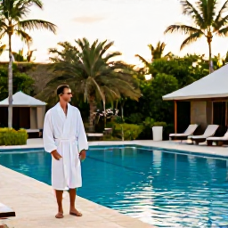 Caribbean Holidays, Barbados Spa Breaks, Relaxed traveller in a white robe beside a Barbados resort pool with tropical greenery and soft morning light