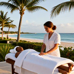 Caribbean Holidays, Barbados Spa Breaks, Relaxing beachfront spa treatment at a luxury Barbados resort in September, with palm trees, turquoise sea and soft morning light