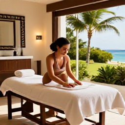 Caribbean Holidays, Barbados Spa Breaks, Relaxing luxury spa treatment at a Barbados resort, warm natural light, tropical greenery and calm Caribbean atmosphere