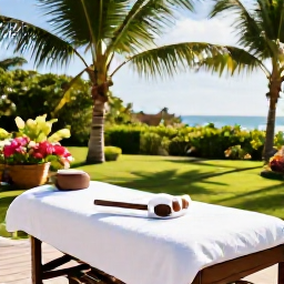 Caribbean Holidays, Barbados Spa Breaks, Relaxing luxury spa treatment beside a tropical garden in Barbados, with soft June sunshine and palm trees