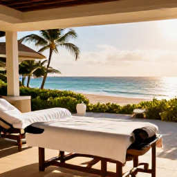 Caribbean Holidays, Barbados Spa Breaks, Relaxing luxury spa treatment overlooking a tropical Barbados beach, warm December sunlight, elegant Caribbean resort