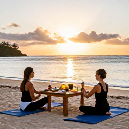 Caribbean Holidays, Barbados Spa Breaks, Traveller enjoying a healthy breakfast and yoga session beside a calm Barbados beach at sunrise