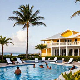 Caribbean Holidays, Barbados Spa Breaks, Visitors enjoying a calm Barbados afternoon with a spa resort, palm trees, colourful buildings and a glimpse of the Caribbean coast
