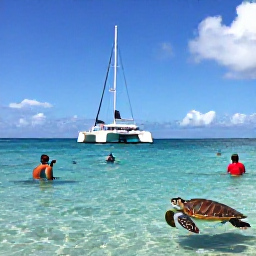 Caribbean Holidays, Barbados Tours, A catamaran sailing off the west coast of Barbados with guests snorkelling in clear water near sea turtles