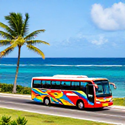 Caribbean Holidays, Barbados Tours, A colourful Barbados tour bus travelling along a coastal road past palm trees and the bright blue Caribbean Sea