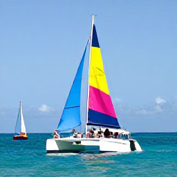 Caribbean Holidays, Barbados Tours, A colourful catamaran sailing along the turquoise west coast of Barbados with passengers enjoying the Caribbean sunshine