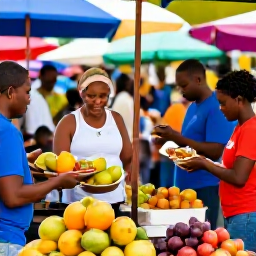 Caribbean Holidays, Barbados Tours, A friendly local guide leading a small group through a lively Barbados food market with colourful fruit and Caribbean dishes